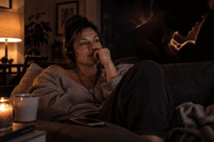 Frau mit Kopfhörern hört Audioporn auf dem Sofa und taucht dabei in ihre Fantasie ein.