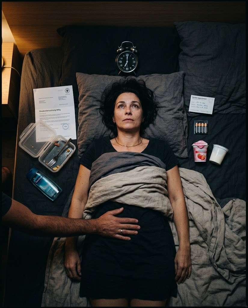 Frau liegt auf dem Bett. Ihr Mann legt seine Hand auf den Bauch.