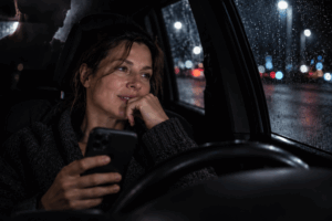 Frau sitzt nachts mit ihrem Smartphone allein im Auto und hört eine Sprachnachricht, während sie gedankenverloren aus dem Fenster blickt.