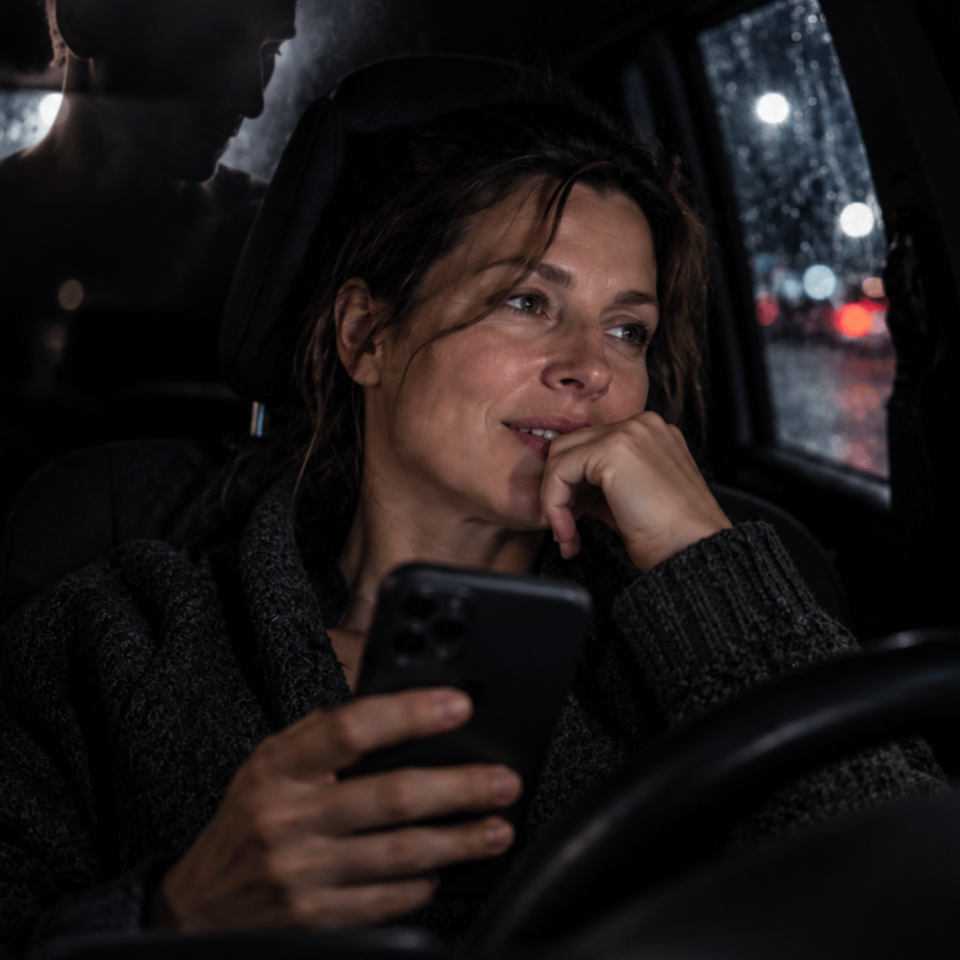 Frau sitzt nachts mit ihrem Smartphone allein im Auto und hört eine Sprachnachricht, während sie gedankenverloren aus dem Fenster blickt.