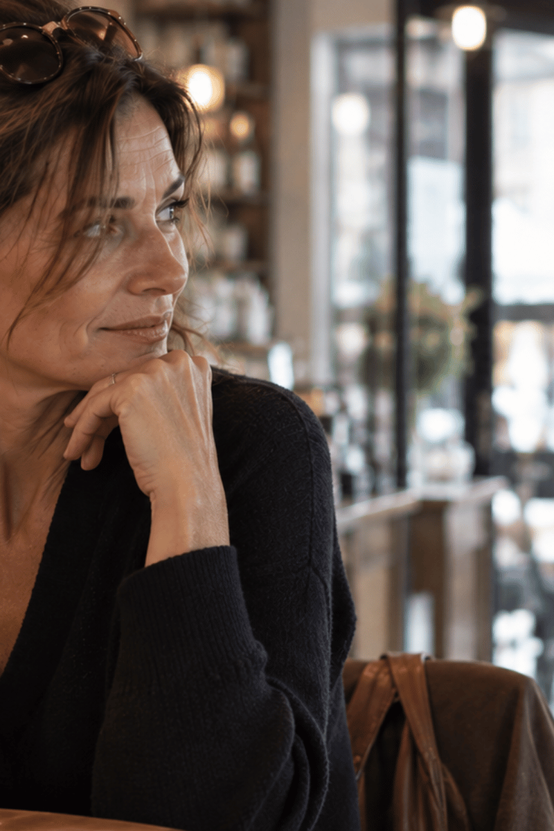 Frau in einem Café schaut zu einem fremden Mann – Fantasie trotz Beziehung