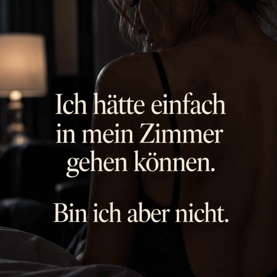 Frau sitzt alleine im Hotelzimmer und denkt darüber nach warum sie nicht alleine in ihr Zimmer gegangen ist. Text darüber: Ich hätte einfach in mein Zimmer gehen können. Bin ich aber nicht.