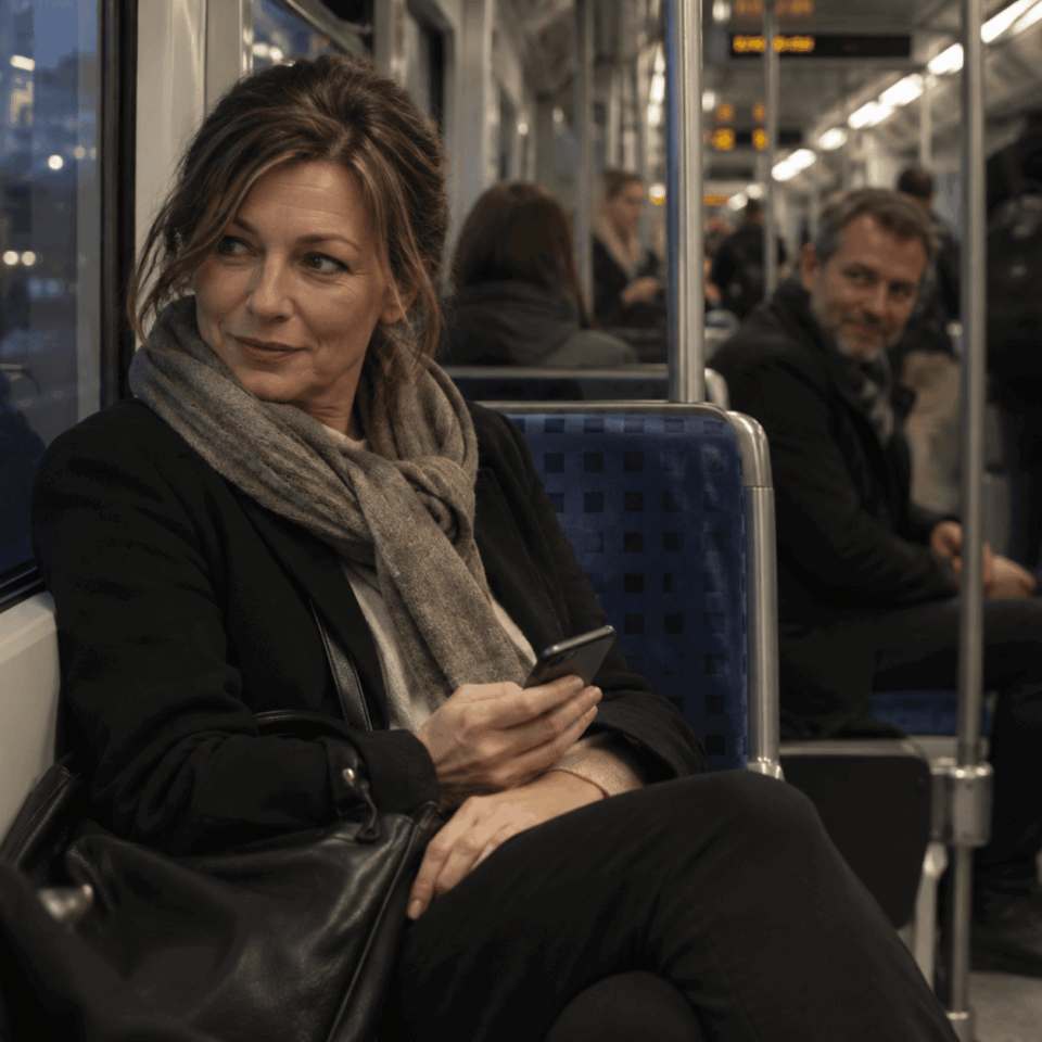 Frau circa 40 Jahre. Blonde Haare. Sitzt in der Bahn und wird von Mann circa 50 Jahre alt angeflirtet.