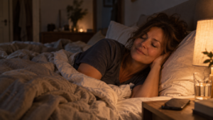 Eine Frau liegt mit geschlossenen Augen und einem leichten Lächeln im warm beleuchteten Bett. Ihr Handy liegt auf dem Nachttisch.