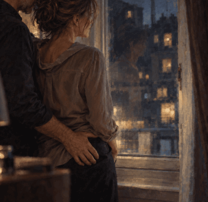 Illustration zum Thema „Beim Sex beobachtet werden“: Eine Frau schaut nachts aus dem Fenster. Hinter ihr steht ein Mann mit seiner Hand an ihrer Hüfte.